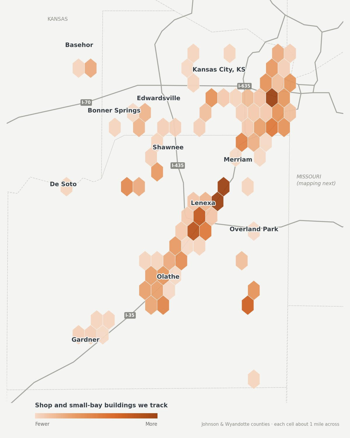 Map of shop and small-bay buildings we track across Johnson and Wyandotte counties, Kansas, shown as density by area